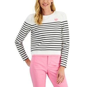 Charter Club Petite Black & White Striped Pink Trim Puff-Sleeve Top-pet/XL